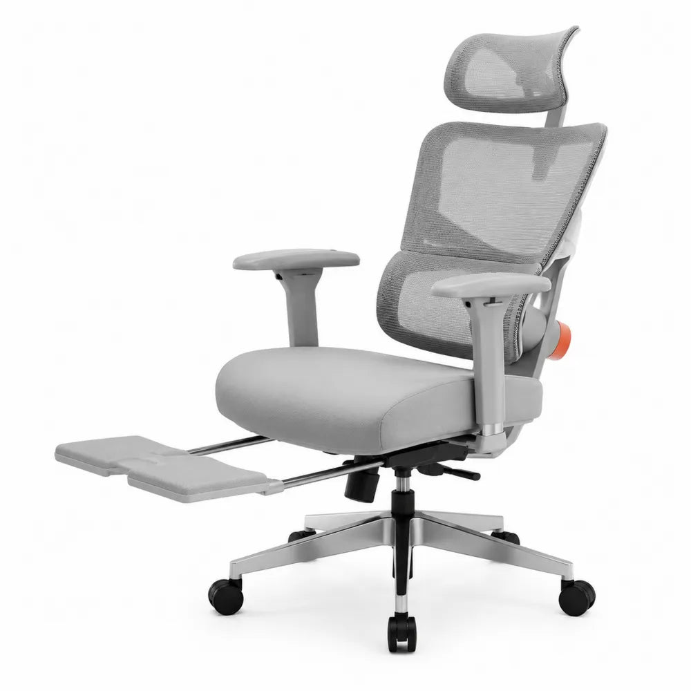Sedia ergonomica grigia in rete e tessuto con poggiapiedi