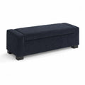 Panca rettangolare in tessuto blu con gambe in legno