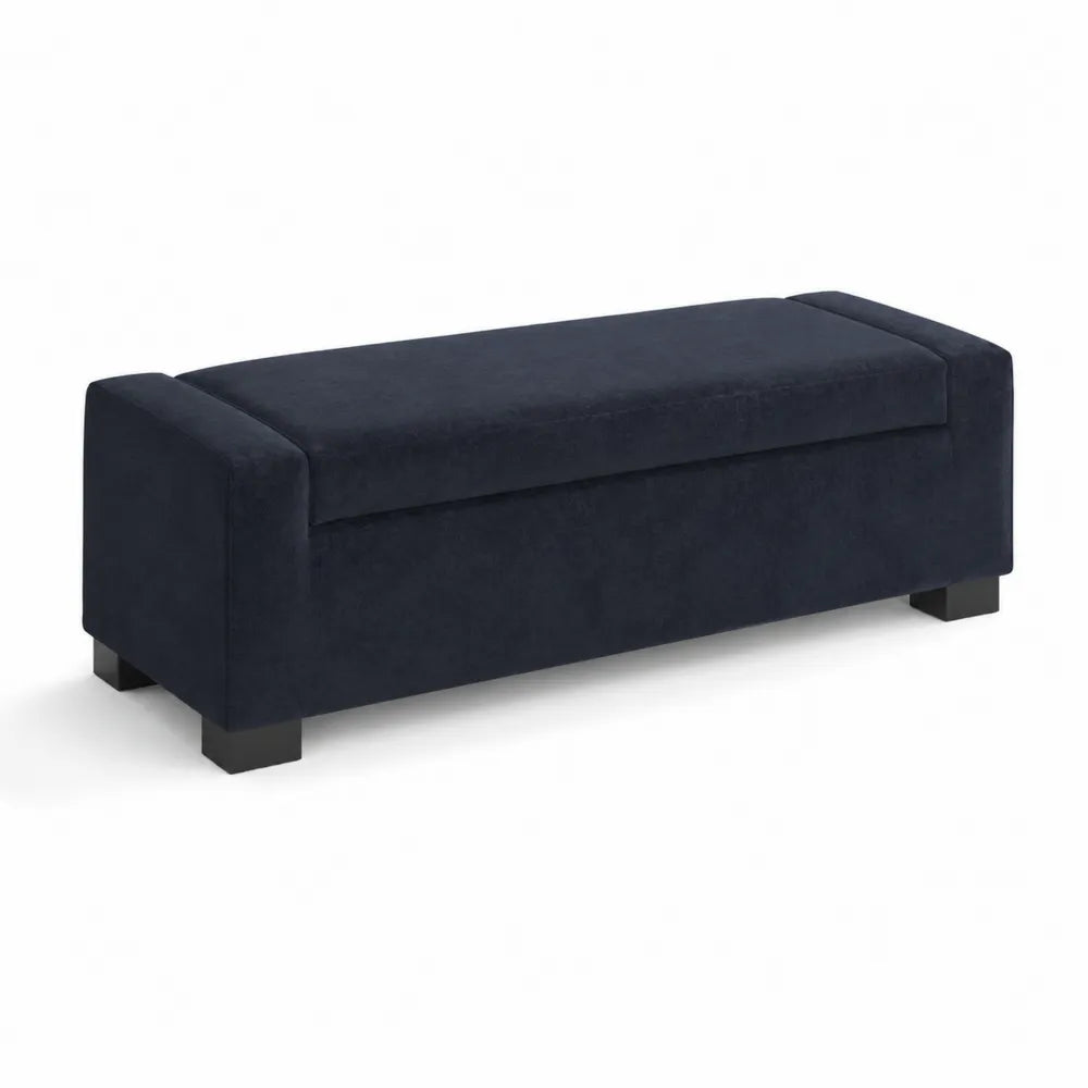 Panca rettangolare in tessuto blu con gambe in legno