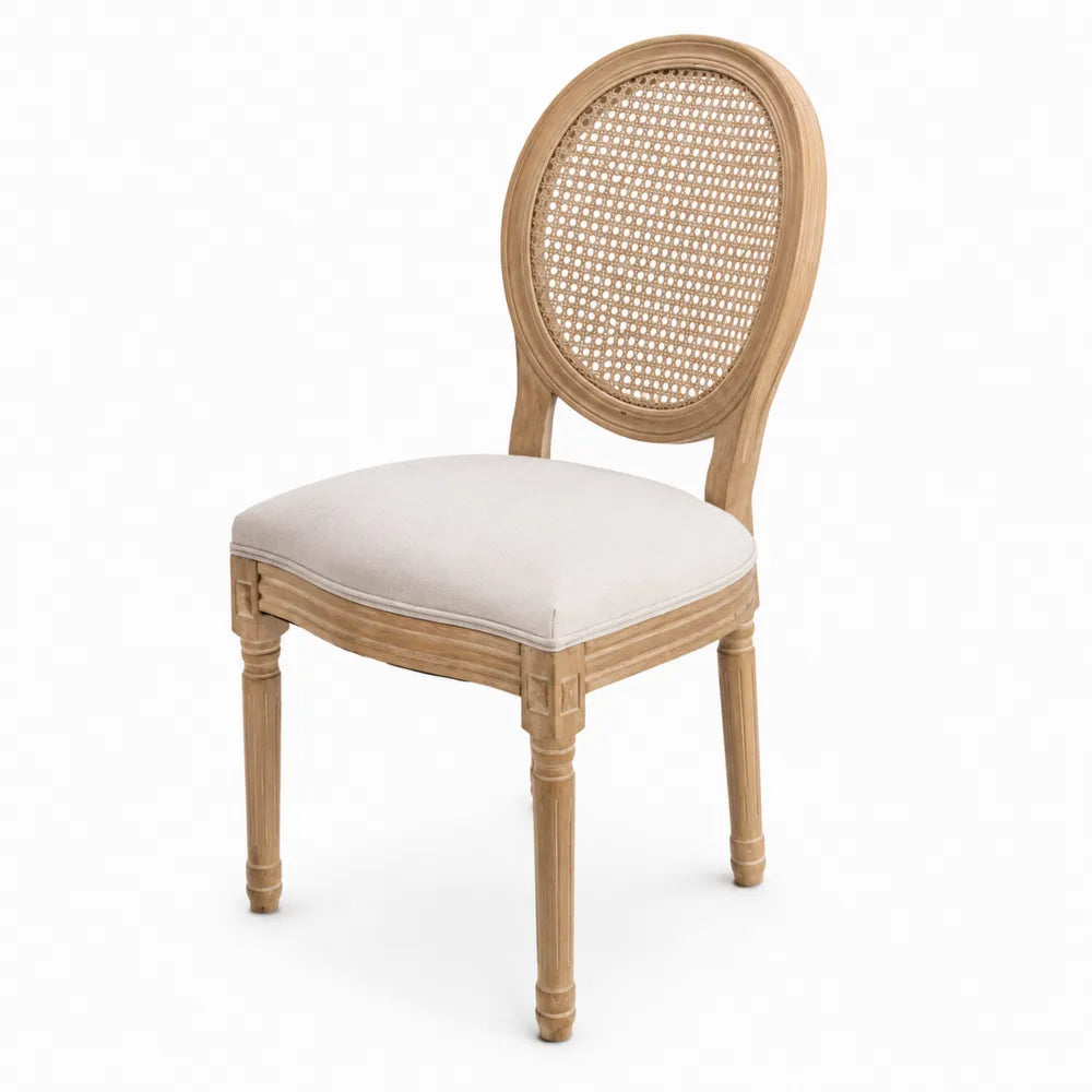 Sedia in legno di quercia e rattan con seduta in lino