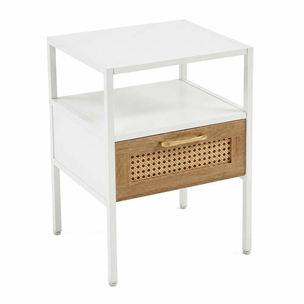 Comodino Metallo e Legno con Cassetto Rattan Bianco